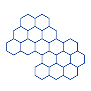 A hexagonal pattern of interconnected hexagons, all with blue outlines on a black background.
