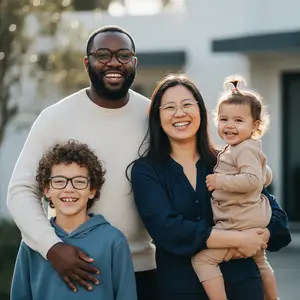 A smiling family with a father, mother, son, and daughter in front of their house.