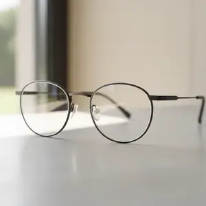 A pair of glasses with clear lenses and a sleek black frame rests on a neutral-colored surface, possibly a table, with a blurred background suggesting an indoor setting.