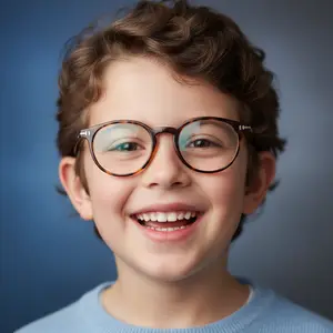Young boy with glasses and a blue shirt