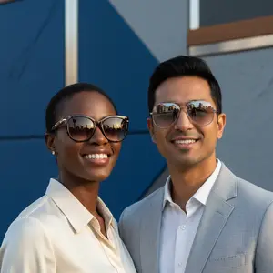 A man and woman are smiling at the camera. The man is wearing sunglasses and a suit, while the woman is wearing a white blouse and sunglasses.