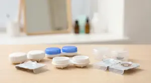 Different colored contact lenses in containers on a wooden table