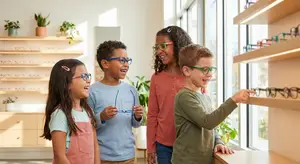 Group of four children looking at glasses in a store