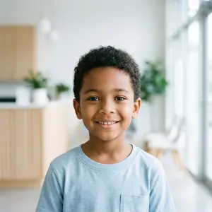 portrait of young boy smiling inside modern home