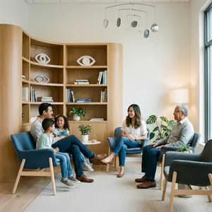 A family sits in a circle in a brightly lit room. They are surrounded by furniture and greenery.