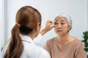 An elderly woman getting her eye examined by a female doctor.