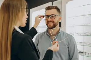 A man is trying on a pair of glasses in an optical store while a woman helps him adjust them.