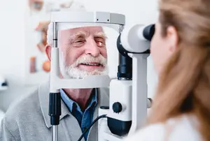 An elderly man with white hair and a beard getting his eyes examined by a woman in a white shirt