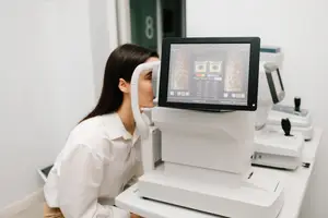 A woman is having her eyes checked with an eye exam machine