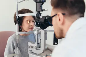 A doctor examining a child's eye with a slit lamp