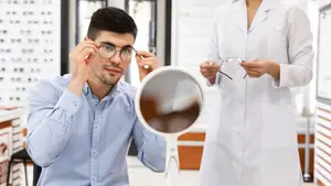 Man in blue shirt holding glasses in front of mirror while woman in white lab coat holds another pair