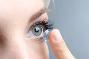 A close-up of a woman placing a contact lens in her eye, showing the clear lens and her finger touching the edge.