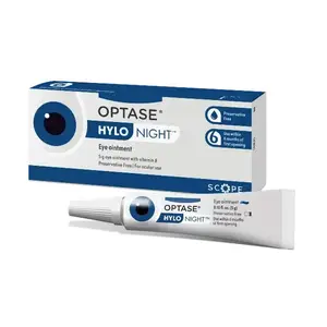 A box and tube of Optase Hylo Night eye ointment are displayed against a white background.