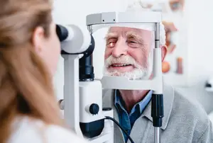 An elderly man is looking at a device in front of him, while a woman is looking at his eye with a device behind him