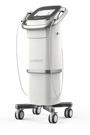 An image of the Lumenis OptiLight device, a medical laser system with a screen, wires, and wheels, placed on a white surface against a green background.