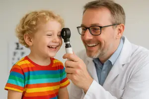 A doctor with glasses is checking a young boy's eye with a medical instrument.