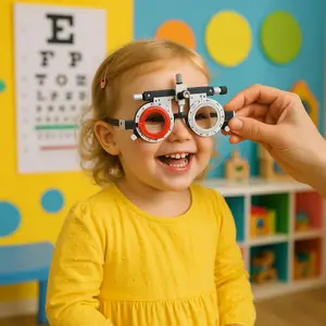A young girl is wearing glasses and smiling while a person adjusts them in a room with a yellow wall and eye chart.