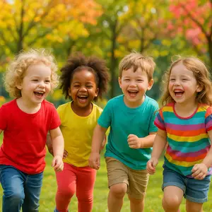 Four kids are standing in a park and smiling at the camera.