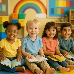 Four children sitting on the floor holding books and smiling at the camera