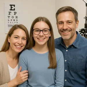 A family of three smiling in front of an eye chart at an optometrist's office.
