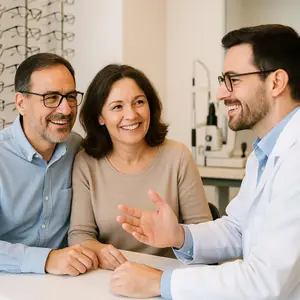 A smiling optometrist consults with a couple during a visit to the clinic.