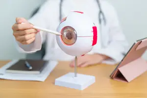 A medical professional examining an anatomical model of the human eye with a pen