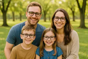 A family of four in glasses poses for a photo in a park with lush greenery and a blue sky in the background.