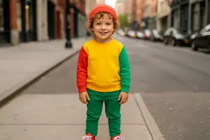 A young boy in a red and green hat and matching pants is smiling on the sidewalk.