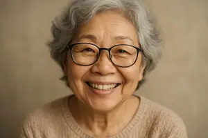 An older woman with short gray hair wearing glasses and a beige sweater is smiling and looking at the camera.