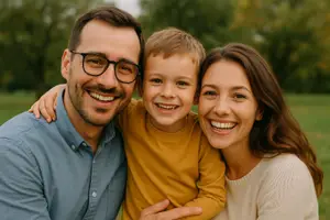 A family consisting of a man, a woman, and a boy are smiling and posing for a photo in a park.