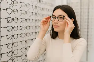 Woman adjusting glasses in front of a wall of frames at an optometrist's office