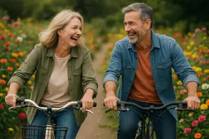 Two people ride bicycles on a path through a colorful field of flowers, smiling and looking at each other.