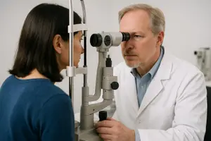 A female patient is having her eye examined by a male doctor using an ophthalmoscope
