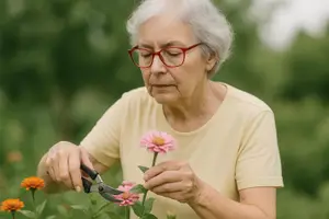 An elderly woman wearing glasses and a yellow t-shirt is holding a pair of scissors in her right hand and cutting the flower on the left hand in a garden. The garden has several flowers and plants, and the background is blurry. The sunlight is shining on the garden.