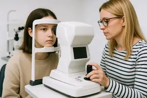 A woman is getting her eyes checked by an optometrist using an eye exam machine in a clinic.