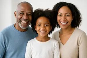 A family of three, an elderly man, a woman, and a child, are smiling and posing for a photo.