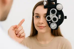 Woman in white sweater getting her eyes examined by a man holding a contact lens
