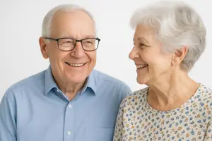 A smiling elderly couple, the man wearing glasses and a blue shirt, the woman with white hair and a floral blouse, standing close together and facing each other