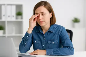 A woman is sitting in an office and holding her face while looking at her laptop. She seems to be in pain.