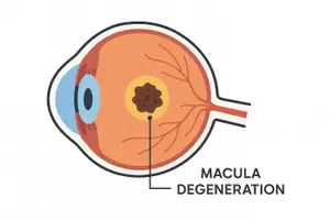 A cross-sectional diagram of the human eye highlighting the area of macular degeneration