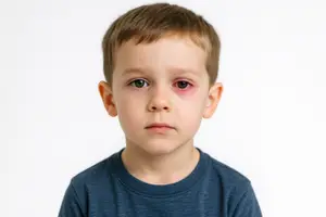 A young boy with red eyes and a blue shirt is looking at the camera.