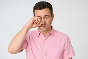 Man in a pink shirt rubbing his nose while closing his eyes