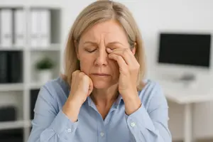 A woman with blonde hair is sitting at a desk in a blurry room, looking down with a pained expression on her face.