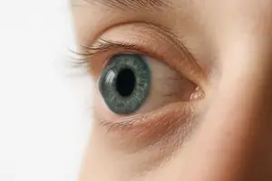 Close-up of a young person's eye with blue iris and visible eyelashes.