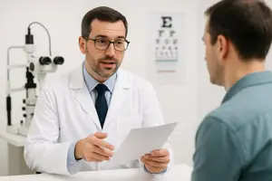 A man in a white lab coat speaks to a patient in a hospital room with an eye chart and microscope in the background.