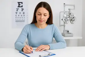Woman in a blue sweater writing on a piece of paper in an optometrist's office