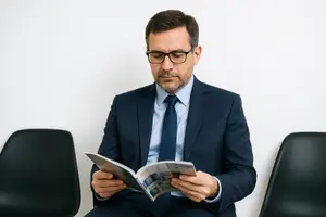 A man in a suit and glasses is sitting and reading a book