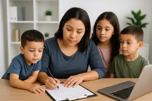 A woman is sitting at a desk with a laptop, pen, and clipboard, writing with two young boys and a girl watching over her shoulder.