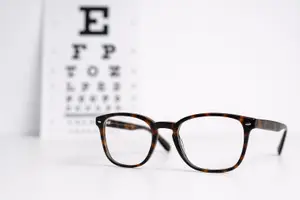 A pair of eyeglasses with brown frames sits on a white surface in front of an eye chart.