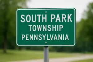 A green signboard with white text reading South Park Township Pennsylvania stands on a metal pole against a background of green grass and trees.
